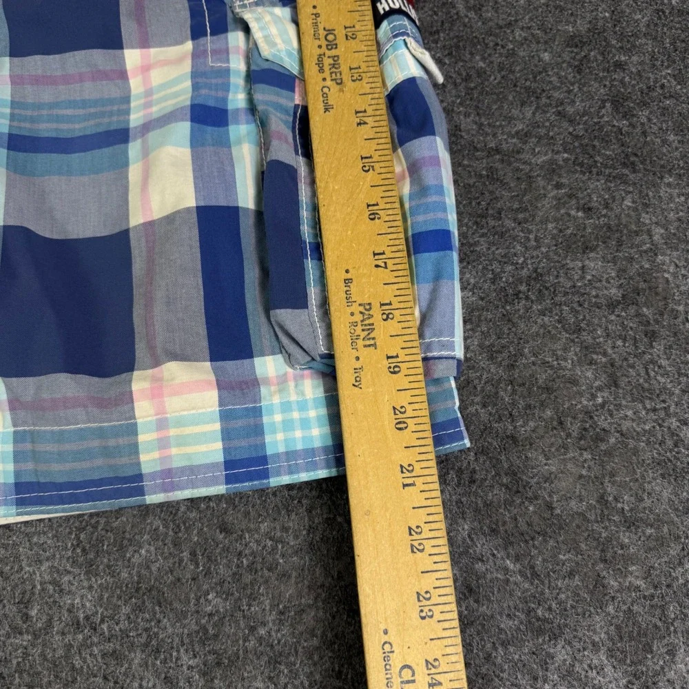 Hollister Mens Plaid Cargo Board Shorts Blue Pink Large Swim Trunks Drawstring